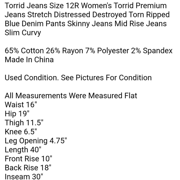 Torrid Jeans Size 12R Women's Torrid Premium Jeans Stretch Distressed Destroyed - Picture 6 of 6